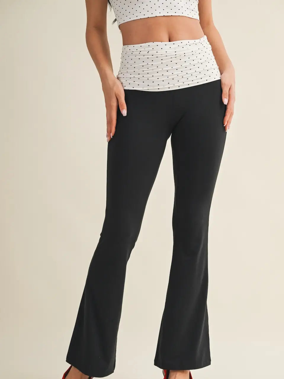 Polka dot foldover flare pants