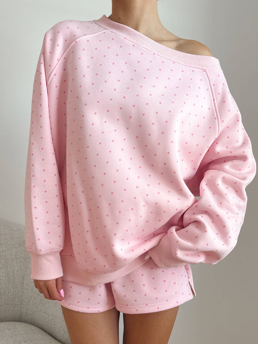 JUNE SHIP SUNKISSED COCONUT Light Pink Polka Dot Off The Shoulder Sweatshirt