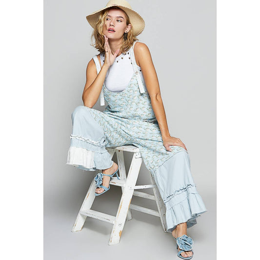 Floral pattern ruffle pockets overall pants