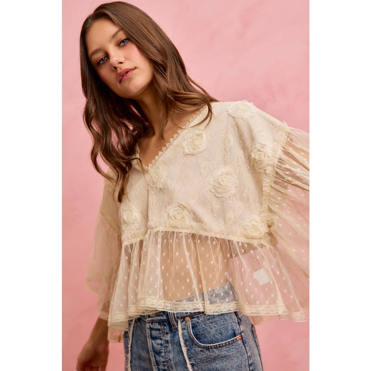 FLORAL APPLIQUE LACE FLOWY V NECK BLOUSE TOP: CREAM