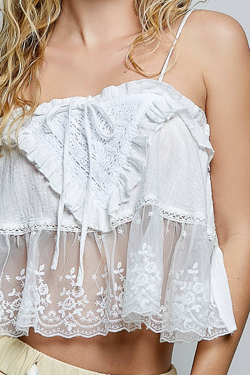 Airy Gauze Adjustable Strap Lace Ruffle Sleeveless Top