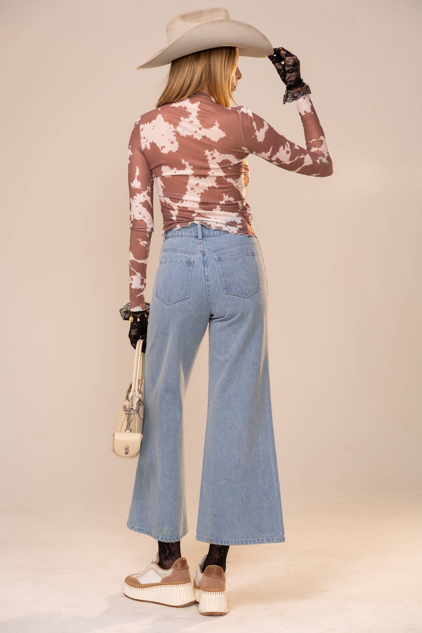 Mesh Cowprint Mock Neck Top: CREAM BROWN