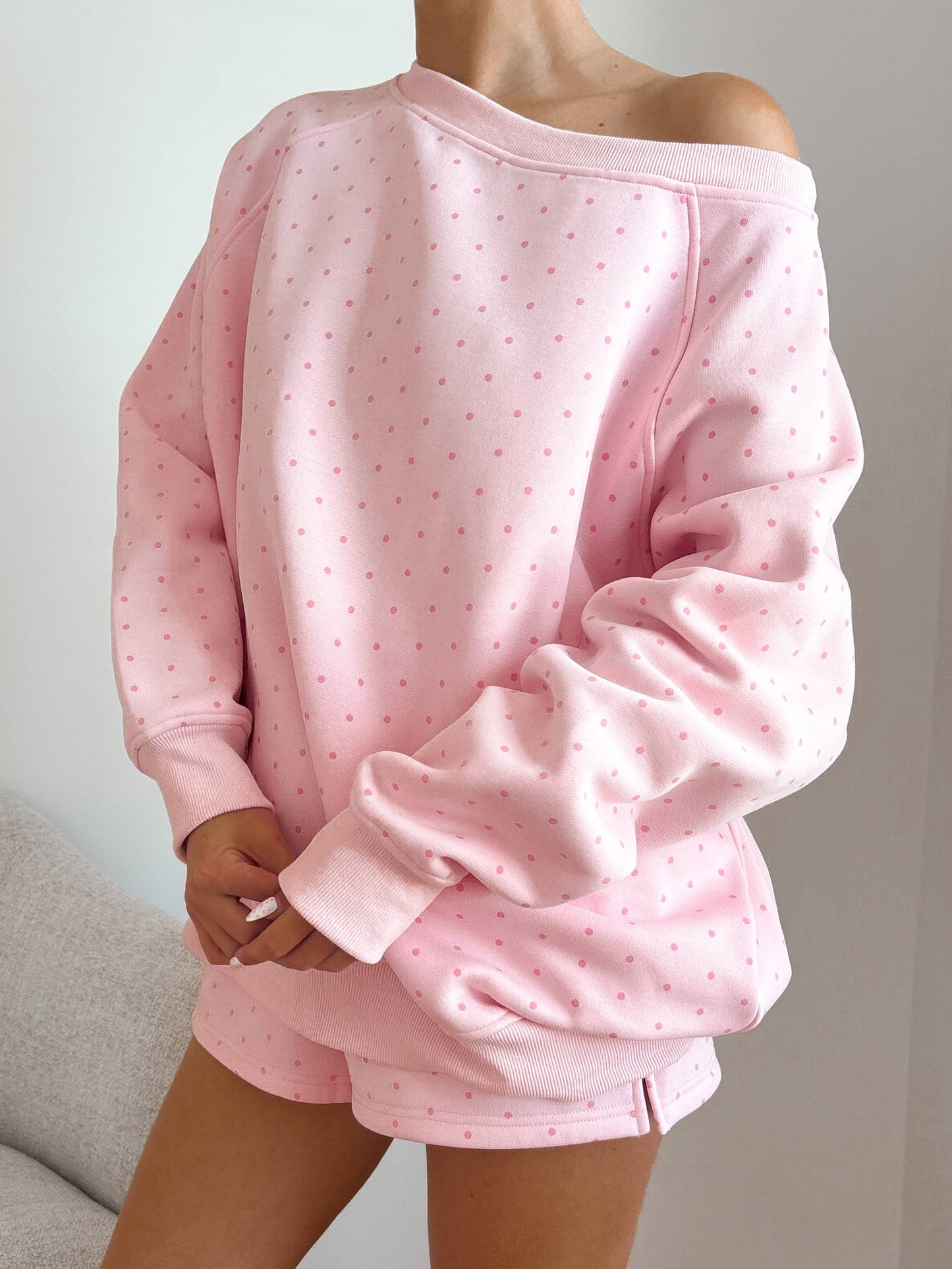 JUNE SHIP SUNKISSED COCONUT Light Pink Polka Dot Off The Shoulder Sweatshirt