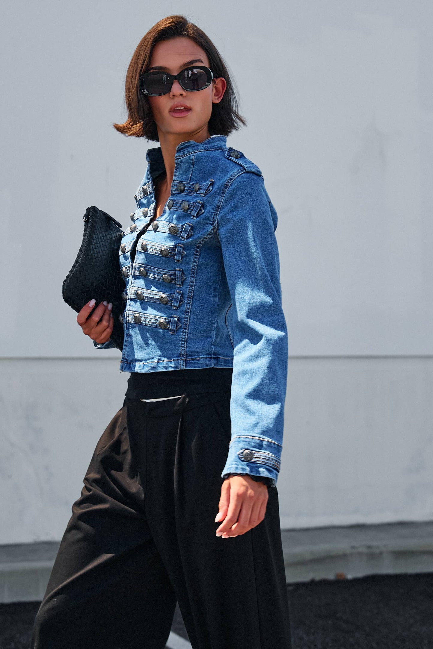 Military Double-Button Denim Jean Jacket: Blue