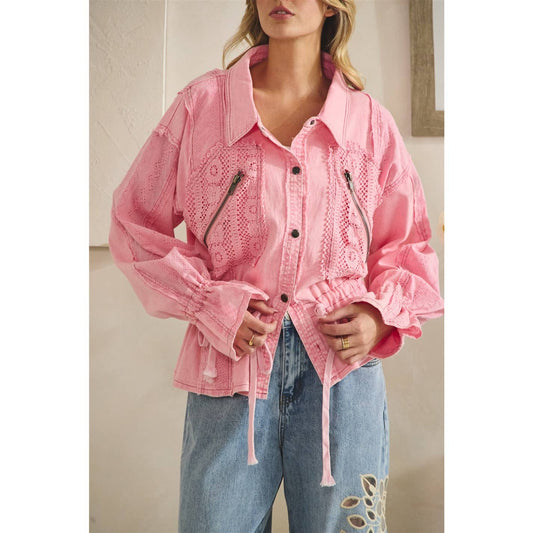 WASHED LACE MIX UTILITY JACKET: PINK