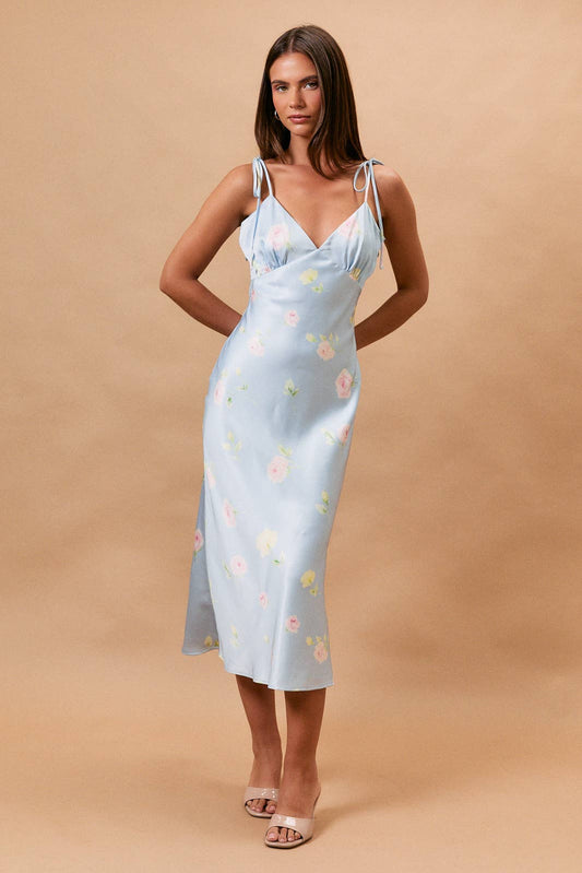 SPAGHETTI STRAP V-NECK FLORAL PRINTED MIDI DRESS