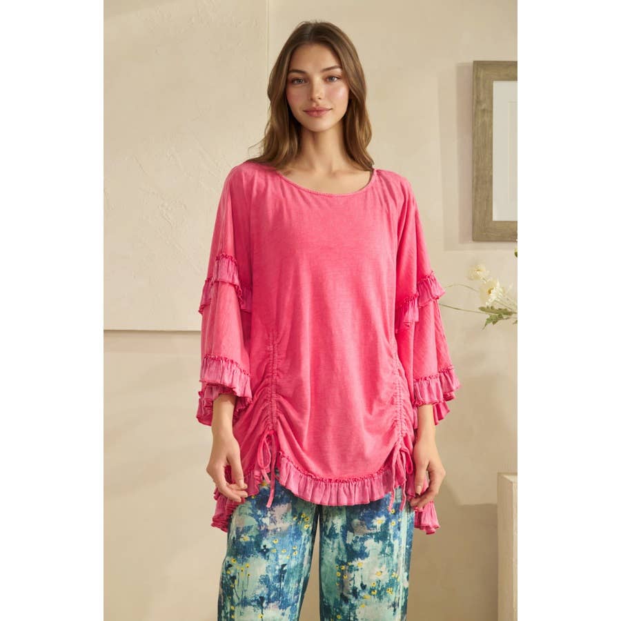 WASHED CINCHED DETAIL RUFFLE SLEEVE AND HEM TOP - HOT PINK or BLACK