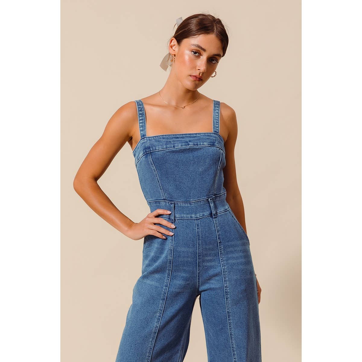 FRONT CUT EXPOSED SEAM WASHED DENIM JUMPSUIT : DENIM