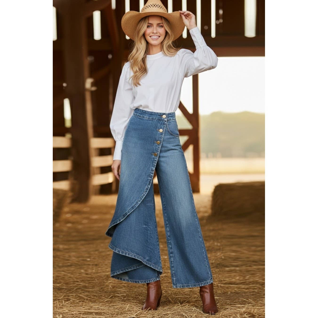 JULY SHIP Washed Romantic Wide Leg Denim Pants: DEEP BLUE / S-M-L-XL
