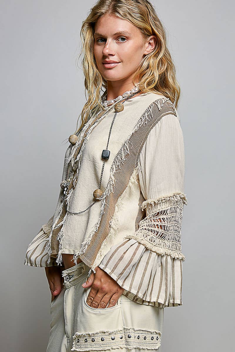 POL Raw Edge Contrast Panels Textured Woven Boxy Top