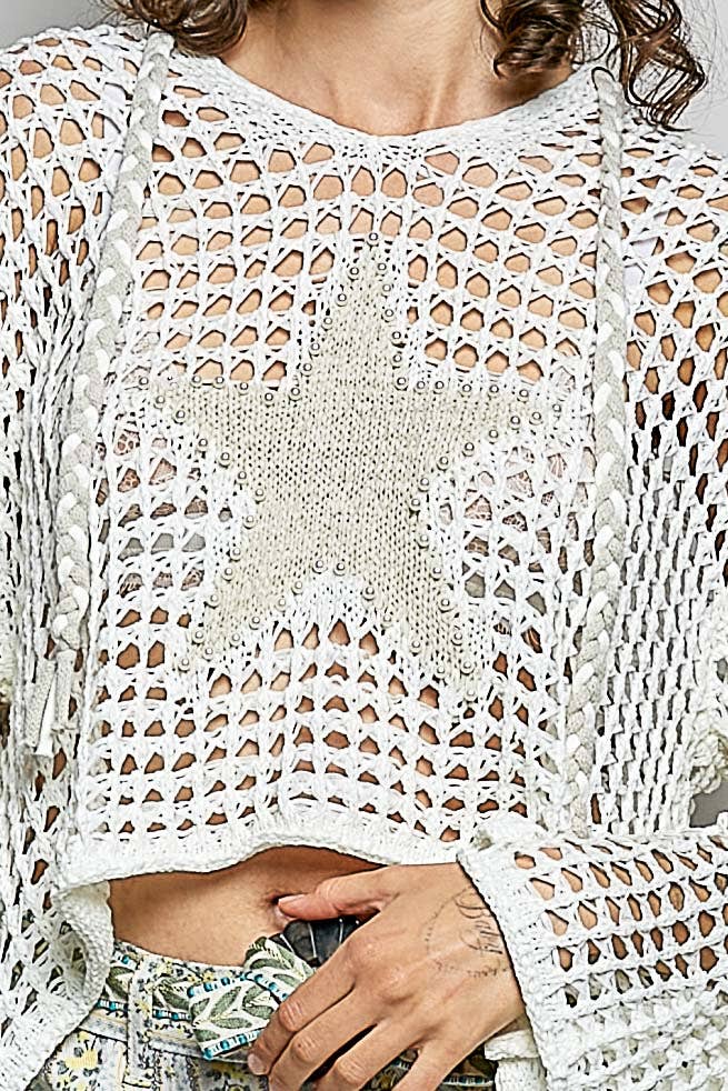 POL V-neck Acrylic Star Patch Pearl Stud Hoodie Thin Sweater Top