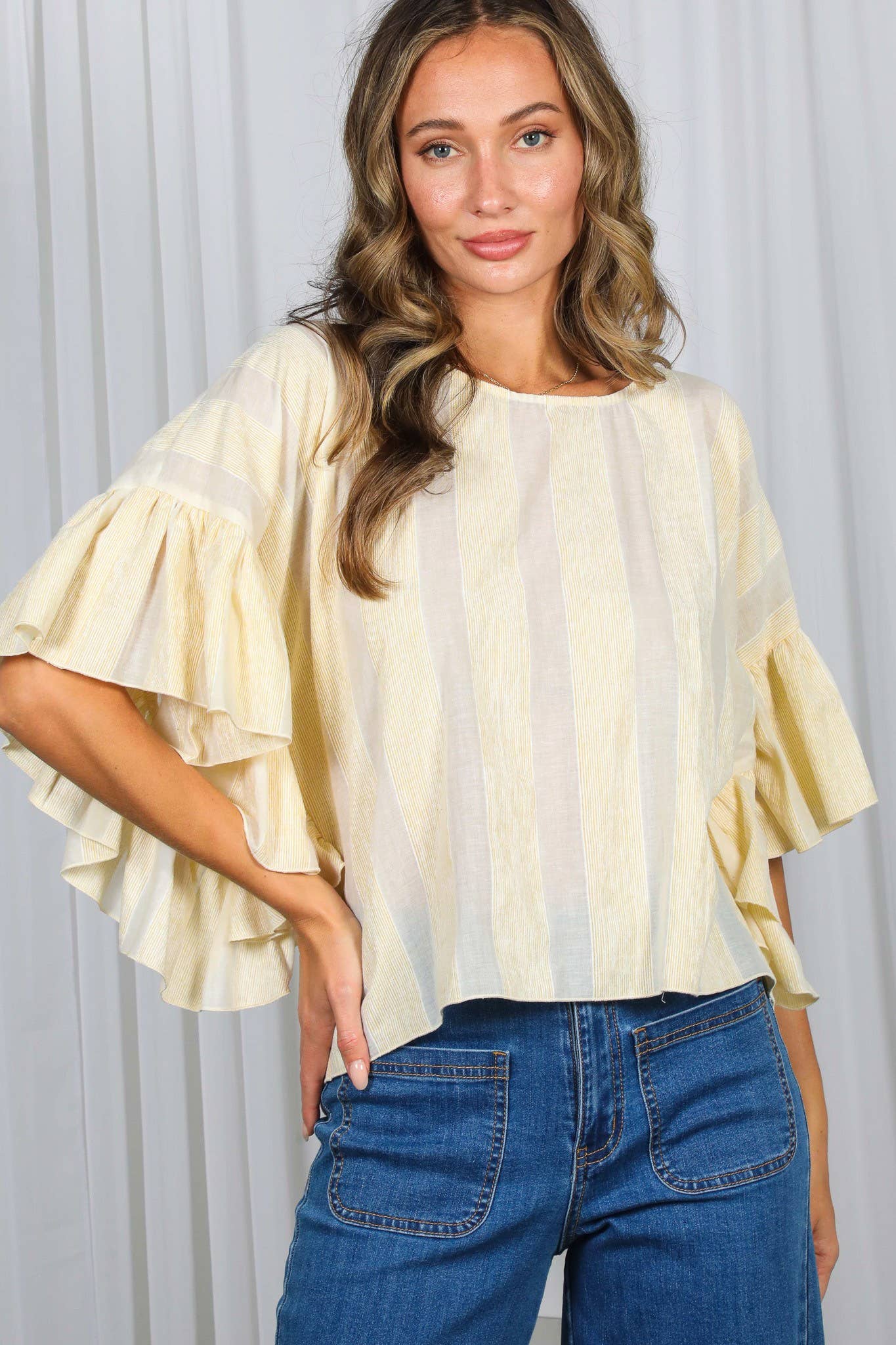 Wild Ruffle Embellished Sleeve Flowy Striped Top VT83104A: Yellow