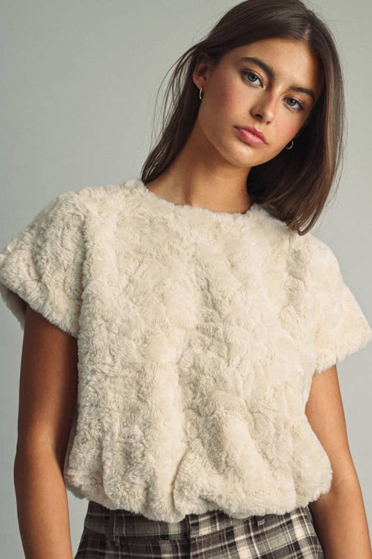 PLUSH TEXTURED FAUX-FUR SHORT SLEEVE TOP