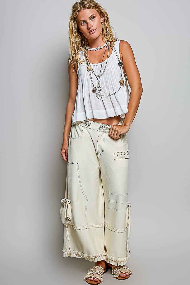 POL Ruffle Hem High Rise Wide Leg Snap Stud Detail Cargo Pants