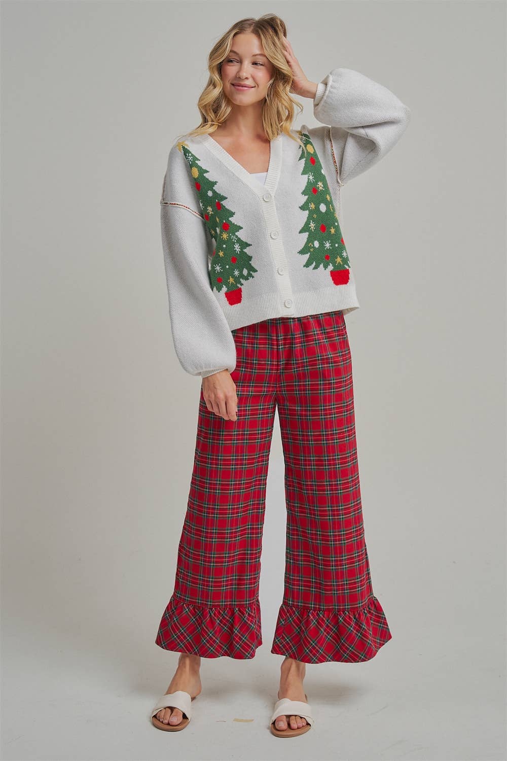 MAKE IT MERRY  CHRISTMAS PLAID CASUAL WIDE LEG