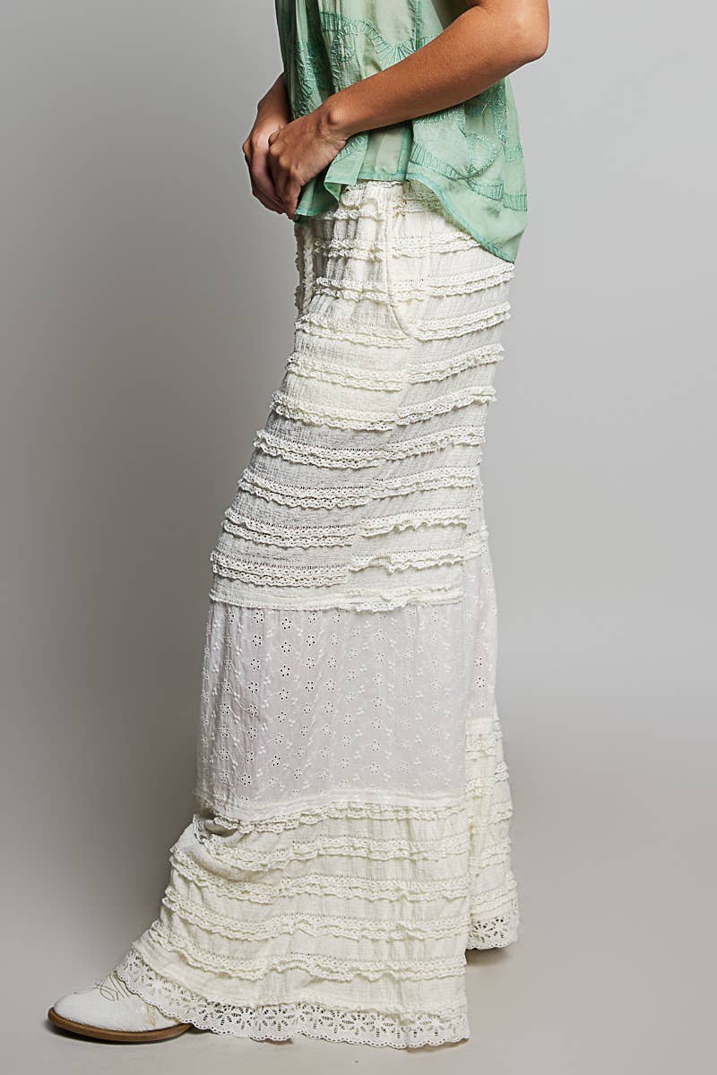 Solid Pattern Eyelet Patch High-Rise Lace Knit Pants