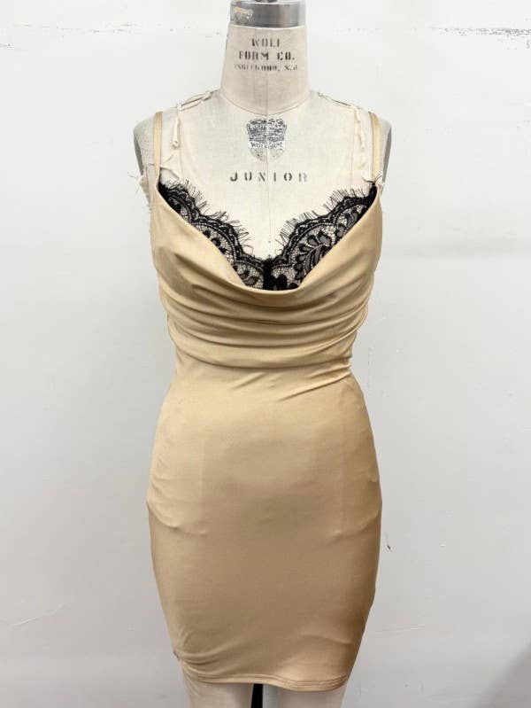JULY SHIP. Lace-Trim Cowl Neck Bodycon Dress: Lt Taupe
