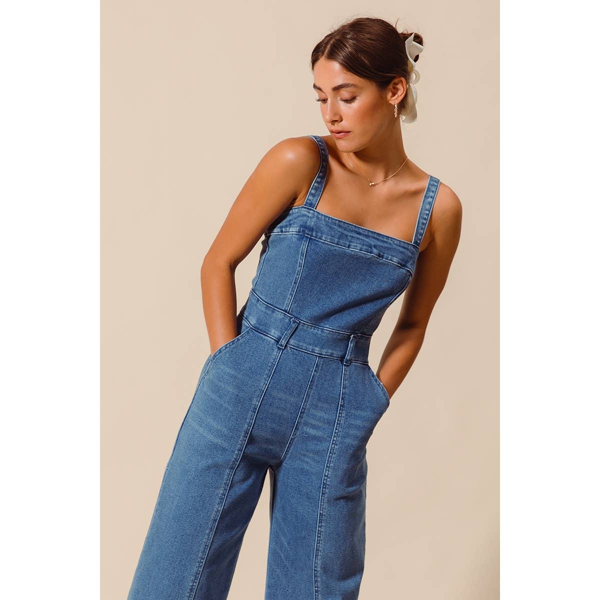 FRONT CUT EXPOSED SEAM WASHED DENIM JUMPSUIT : DENIM