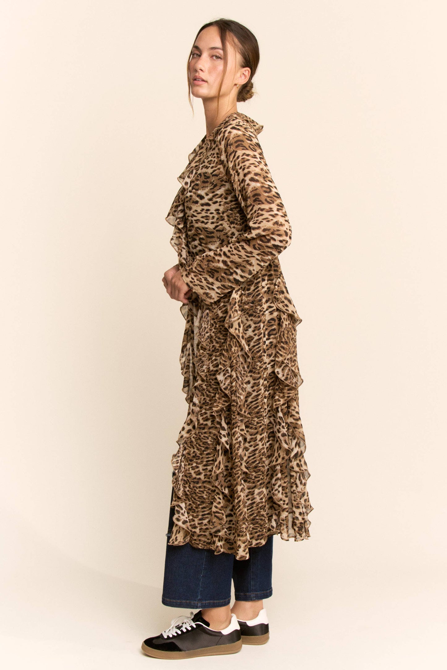 ANIMAL PRINT RUFFLED CHIFFON LONG CARDIGAN
