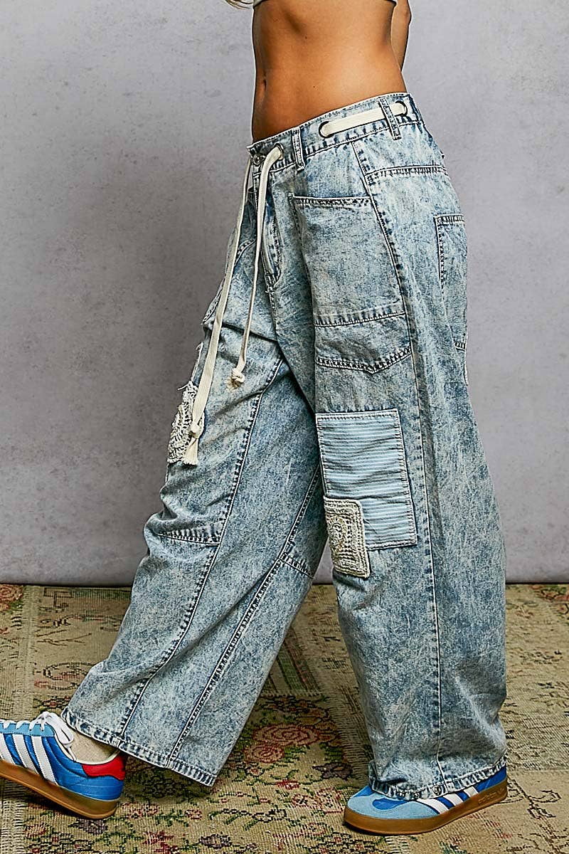 Twill Denim Patchwork Straight Pants