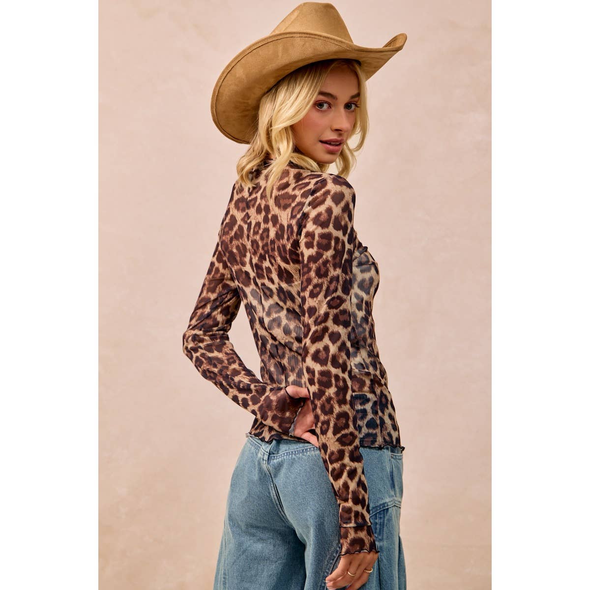 AUG SHIP MESH LEOPARD PRINTED TOP WITH LONG SLEEVES: LEOPARD