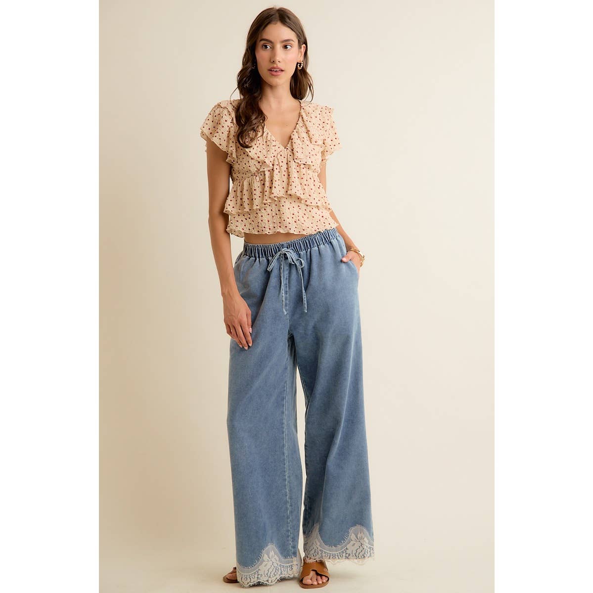 JUNE SHIP  LACE TRIM WIDE LEG ELASTIC MID RISE DENIM PANTS: DENIM
