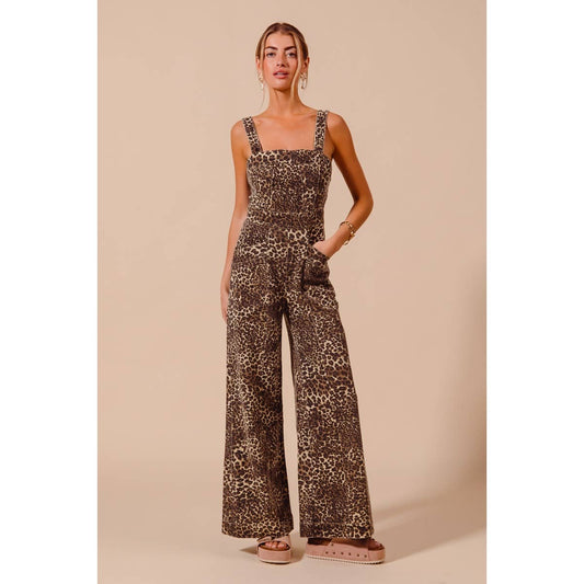 WASHED LEOPARD TWILL WIDE LEG JUMPSUIT WITH POCKET: LEOPARD