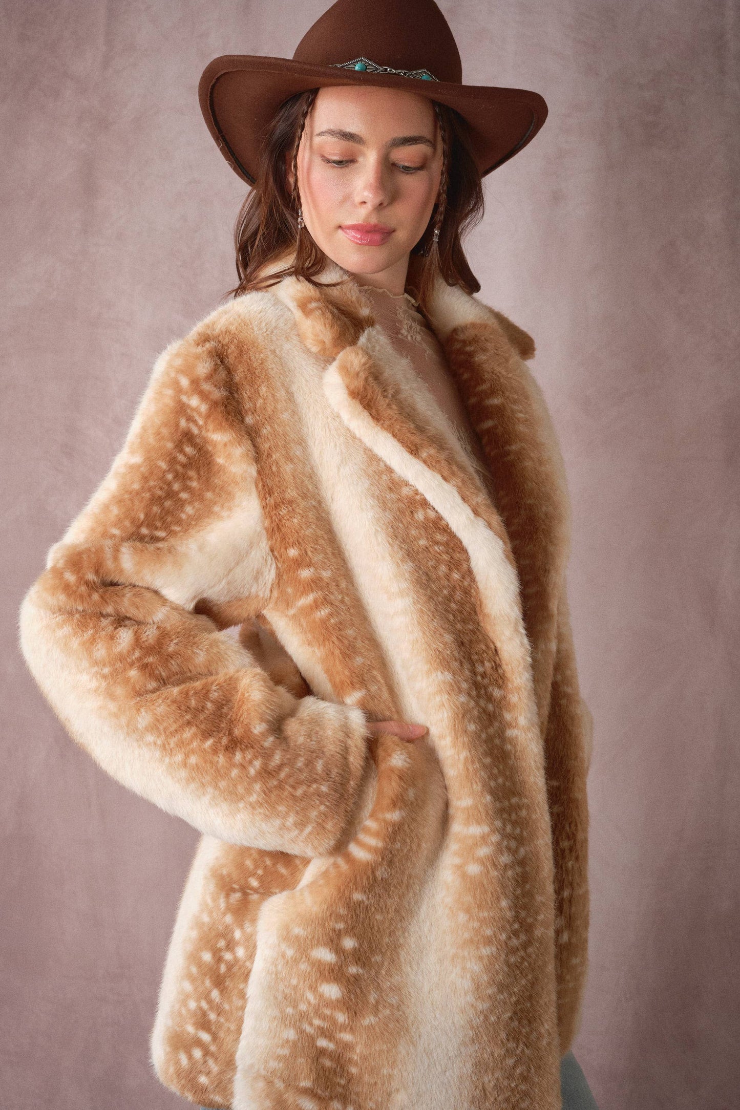Deer Print Faux Fur Coat: TAUPE