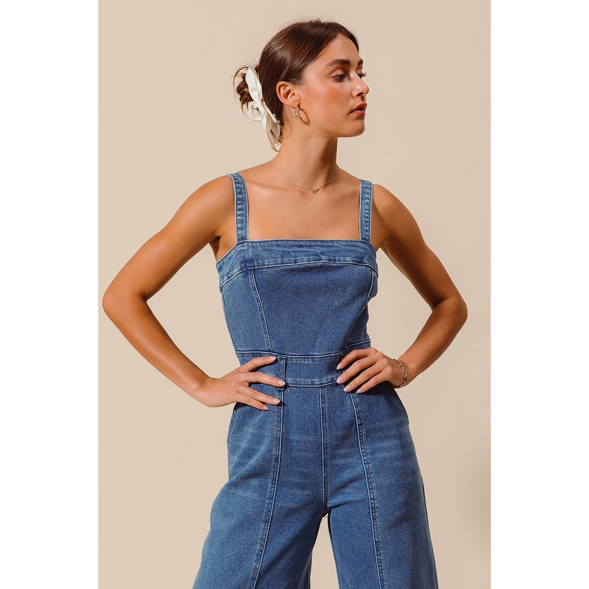 FRONT CUT EXPOSED SEAM WASHED DENIM JUMPSUIT : DENIM