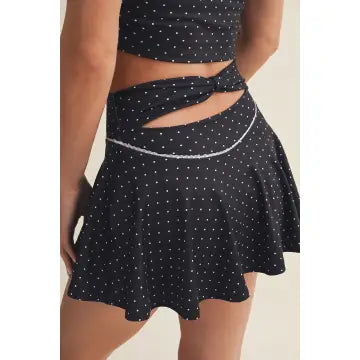 Polka Dot Print Mini Circle Skort with Bow Back and Lace Trim