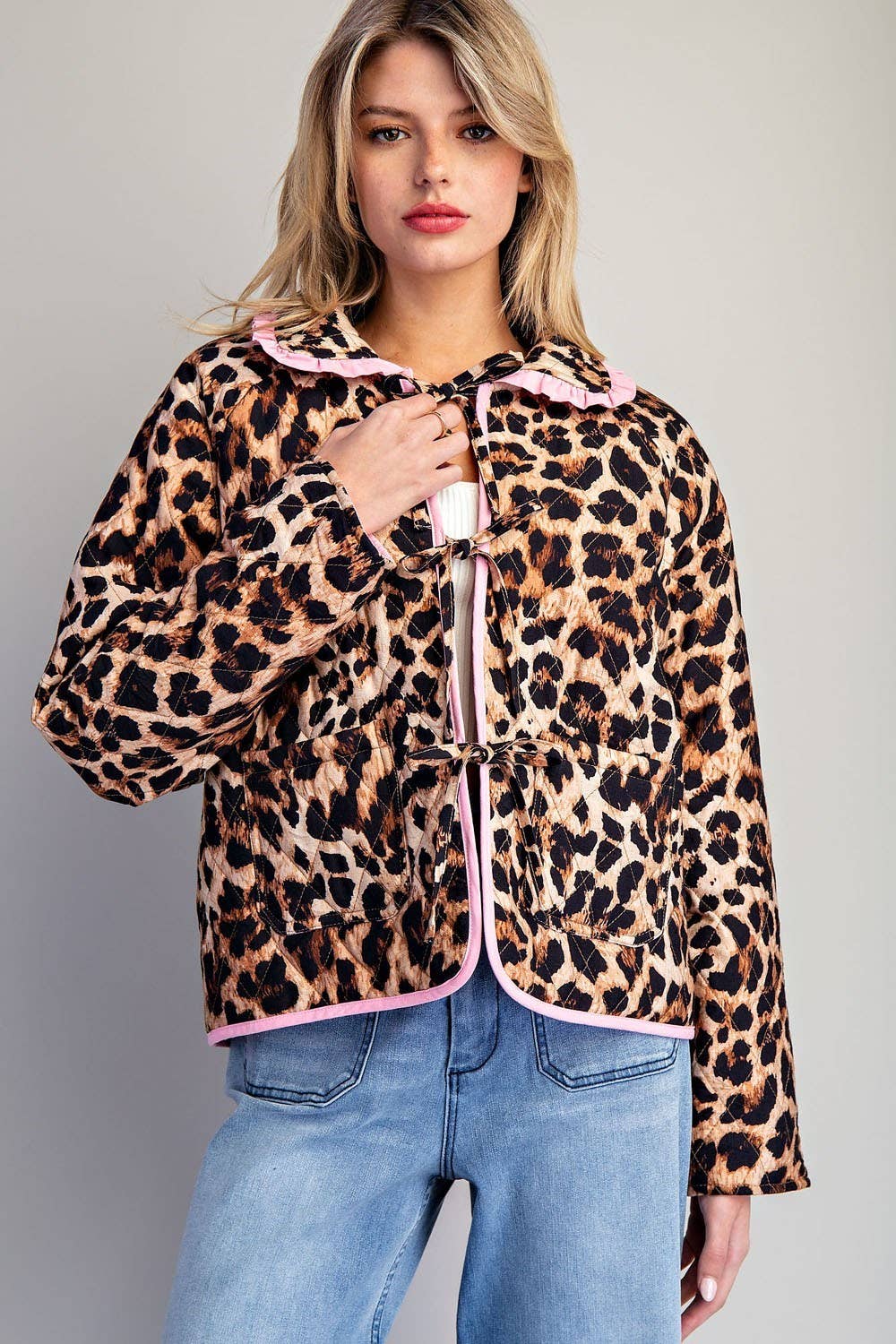 PL9358 - LEOPARD QUILTED PINK CONTRAST TIE FRONT JACKET