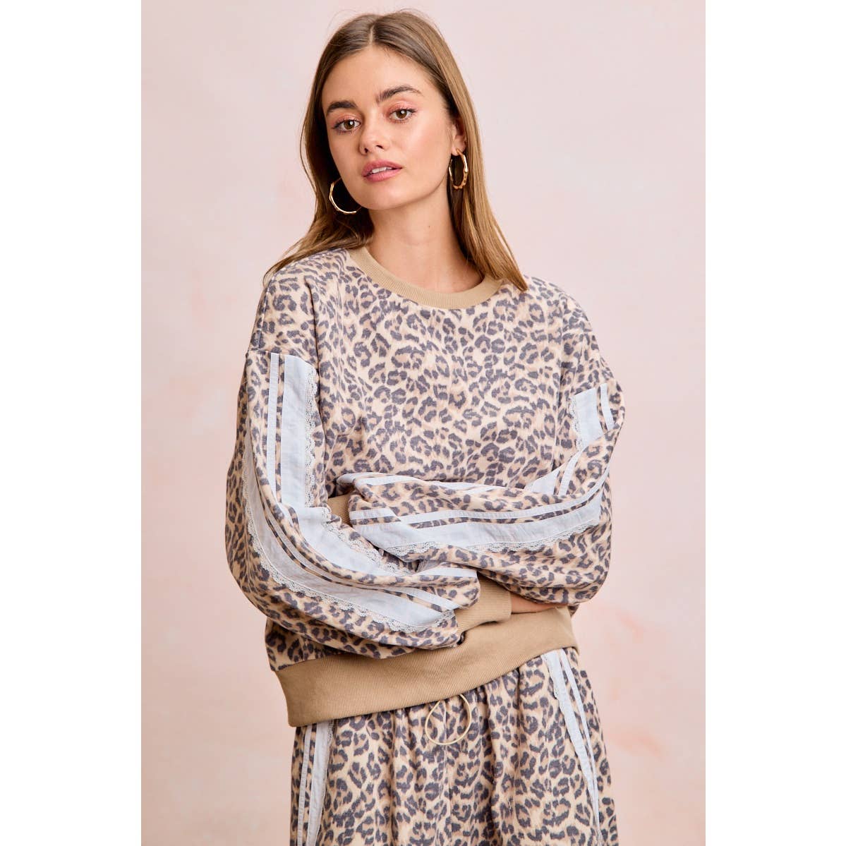 LEOPARD FRENCH TERRY LACE CONTRAST SWEATSHIRT TOP: LEOPARD