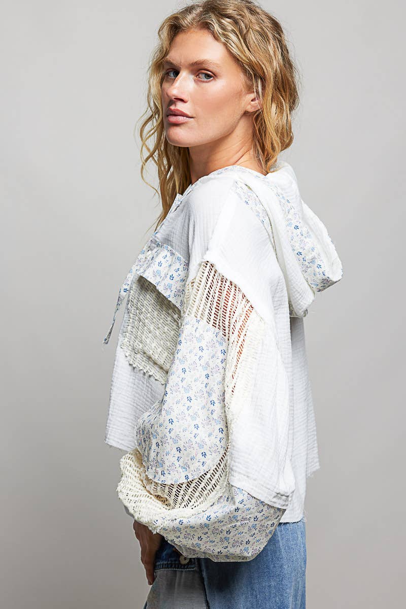 POL Balloon sleeve double gauze floral placket jacket