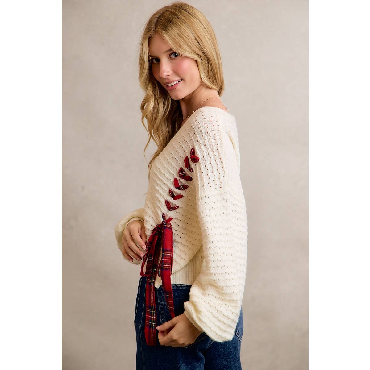 WRAPPED WITH A BOW CHRISTMAS CHECKERED PLAID TAPE LACE TEXTURE SWEATER CARDIGAN