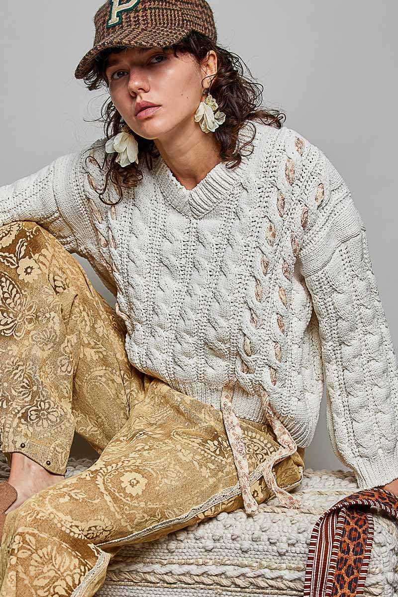 Chenille V Neck Balloon Sleeve Tie Detail Sweater Top: CREAM