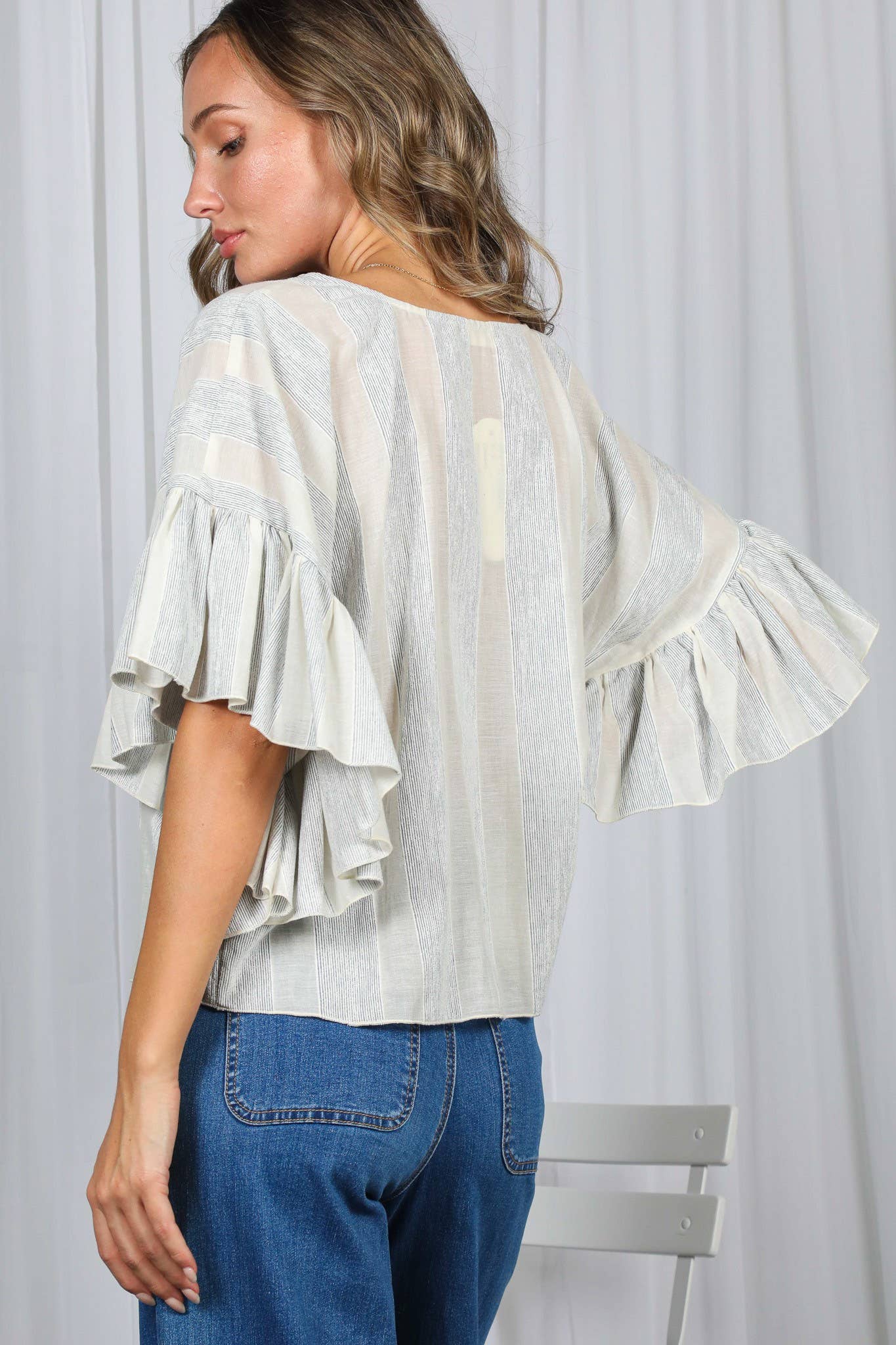 Wild Ruffle Embellished Sleeve Flowy Striped Top VT83104A: Blue