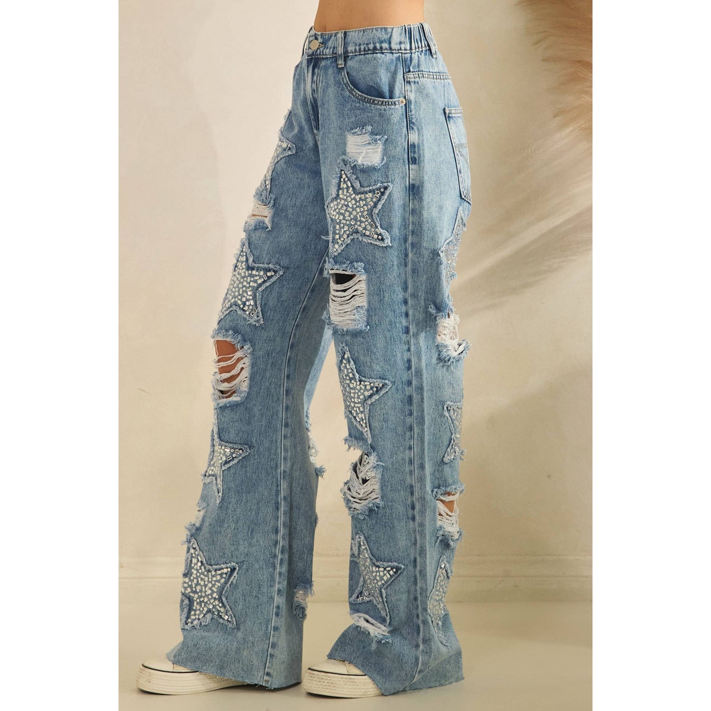 WASHED STONE ON STAR DENIM PANTS