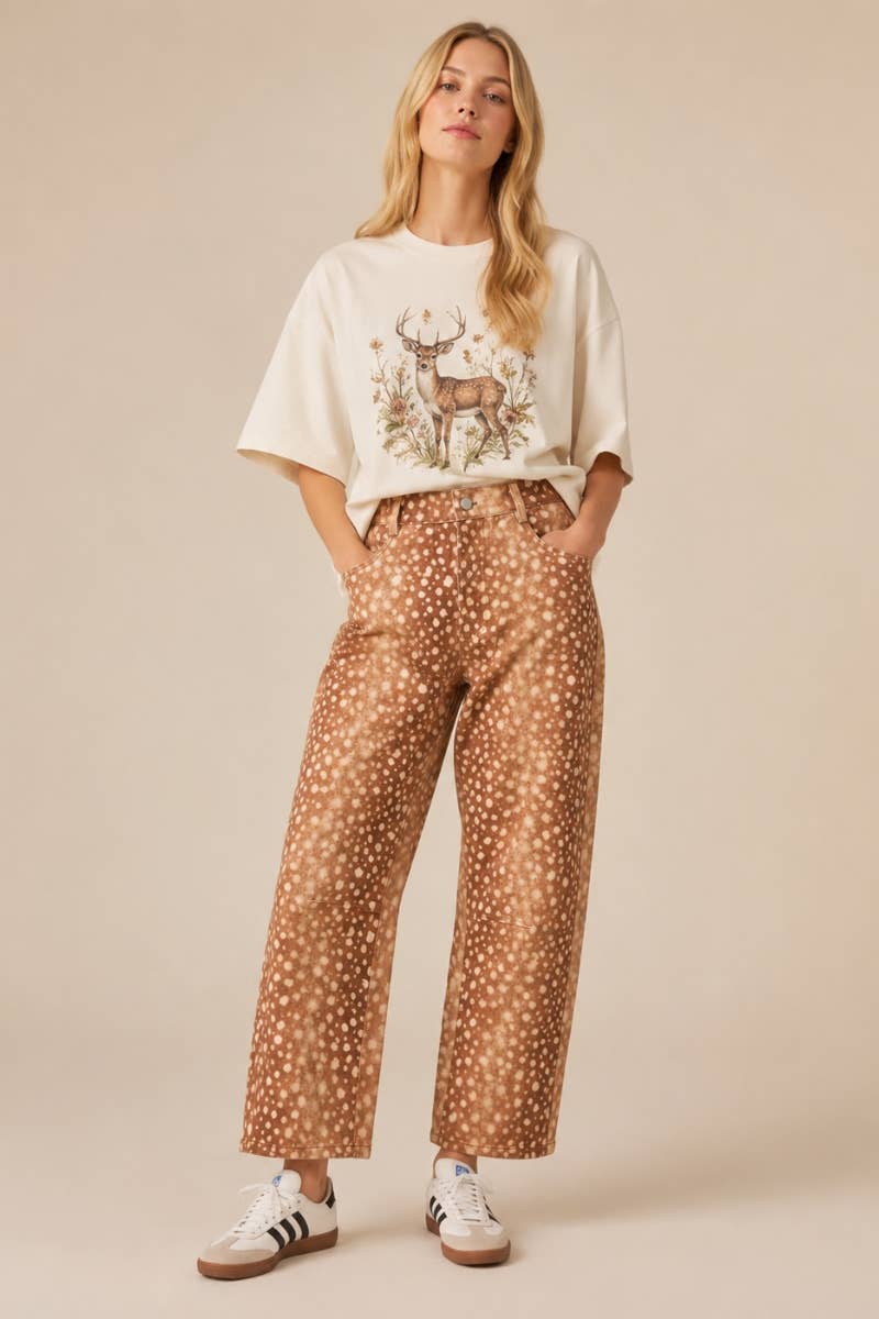 The Fawn Print Barrel Fit Pants: BAMBI BROWN