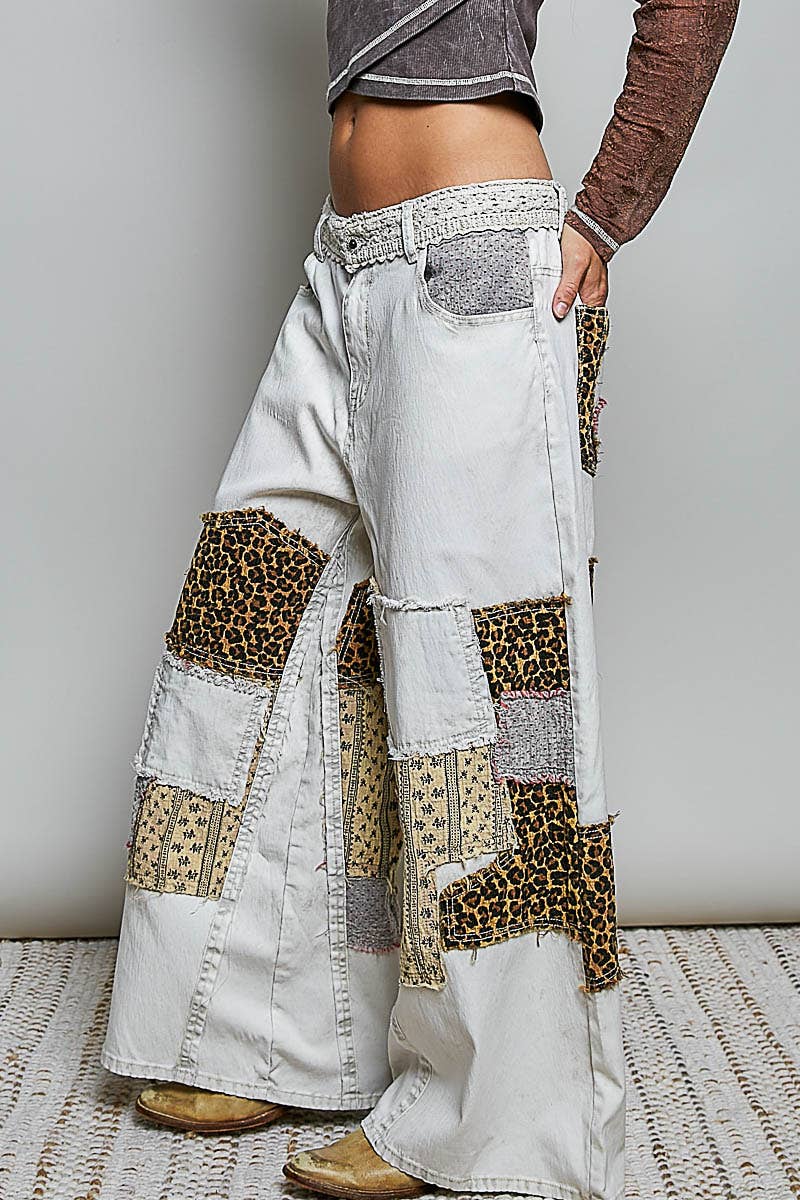 JULY SHIP Handcrafted Vintage DIY Patchwork-Style Waistband Wide Pant: NATURAL MULTI