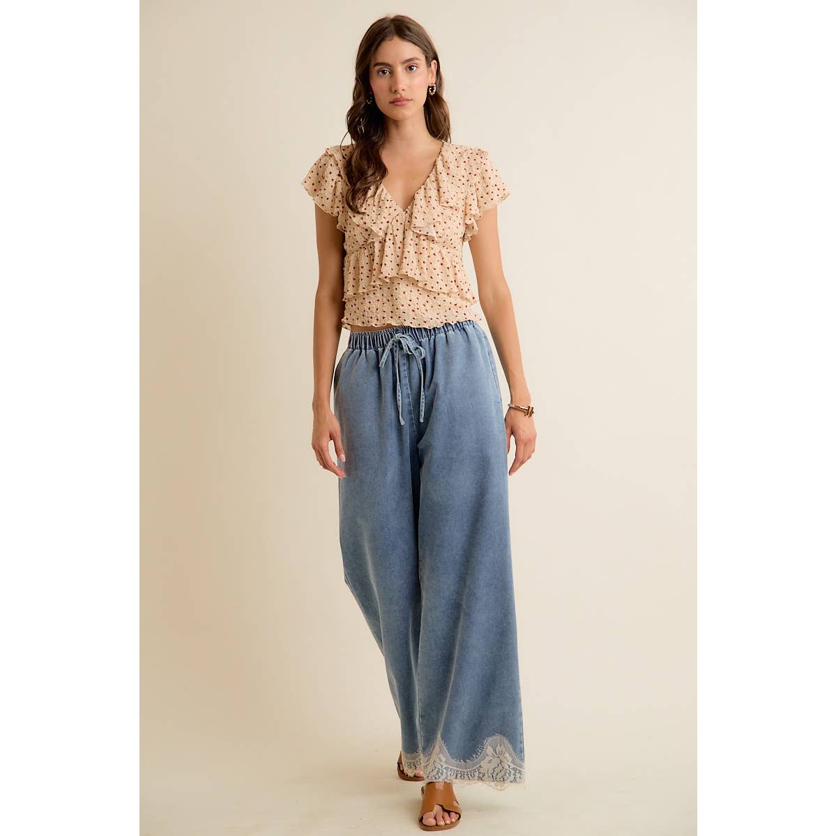 JUNE SHIP  LACE TRIM WIDE LEG ELASTIC MID RISE DENIM PANTS: DENIM