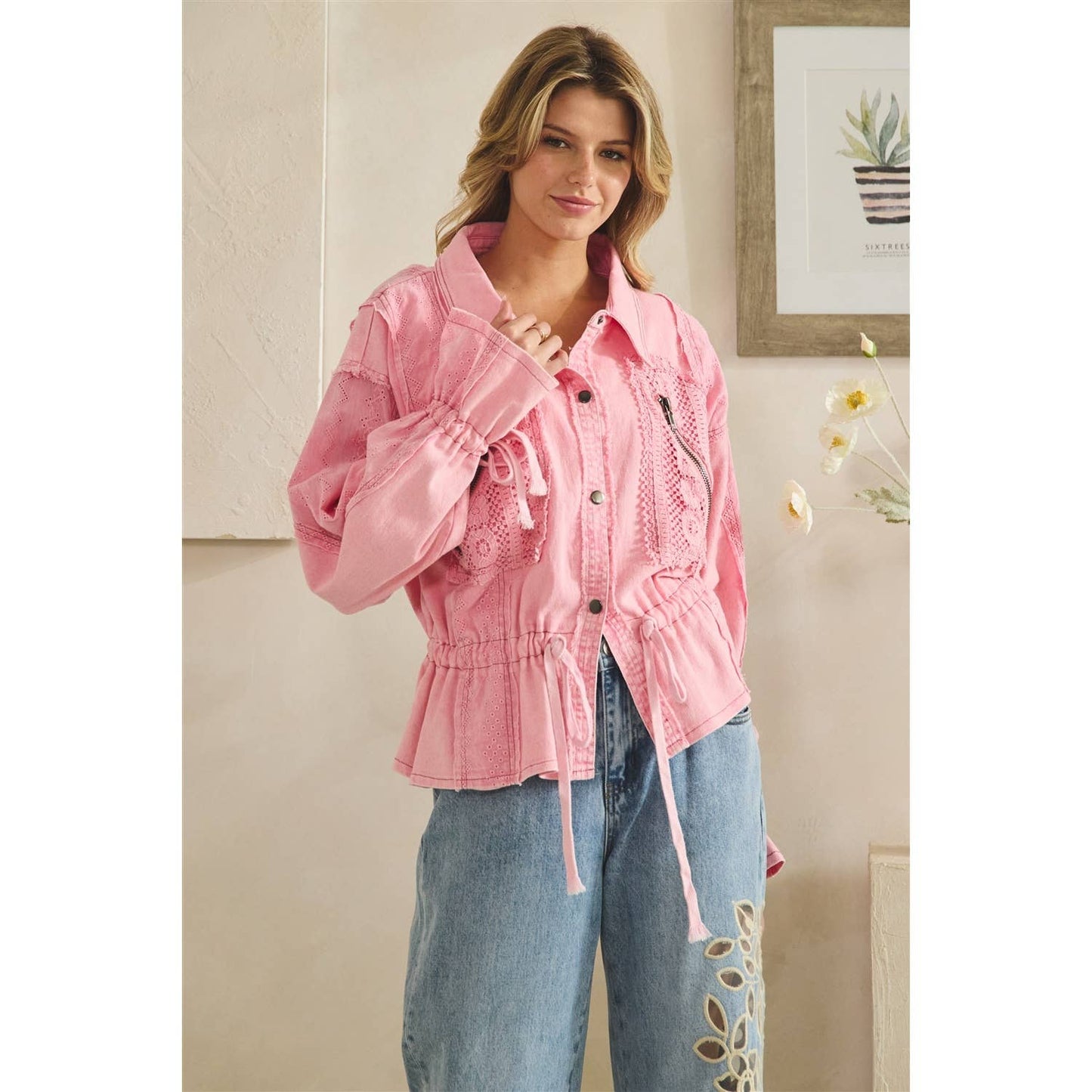 WASHED LACE MIX UTILITY JACKET: PINK