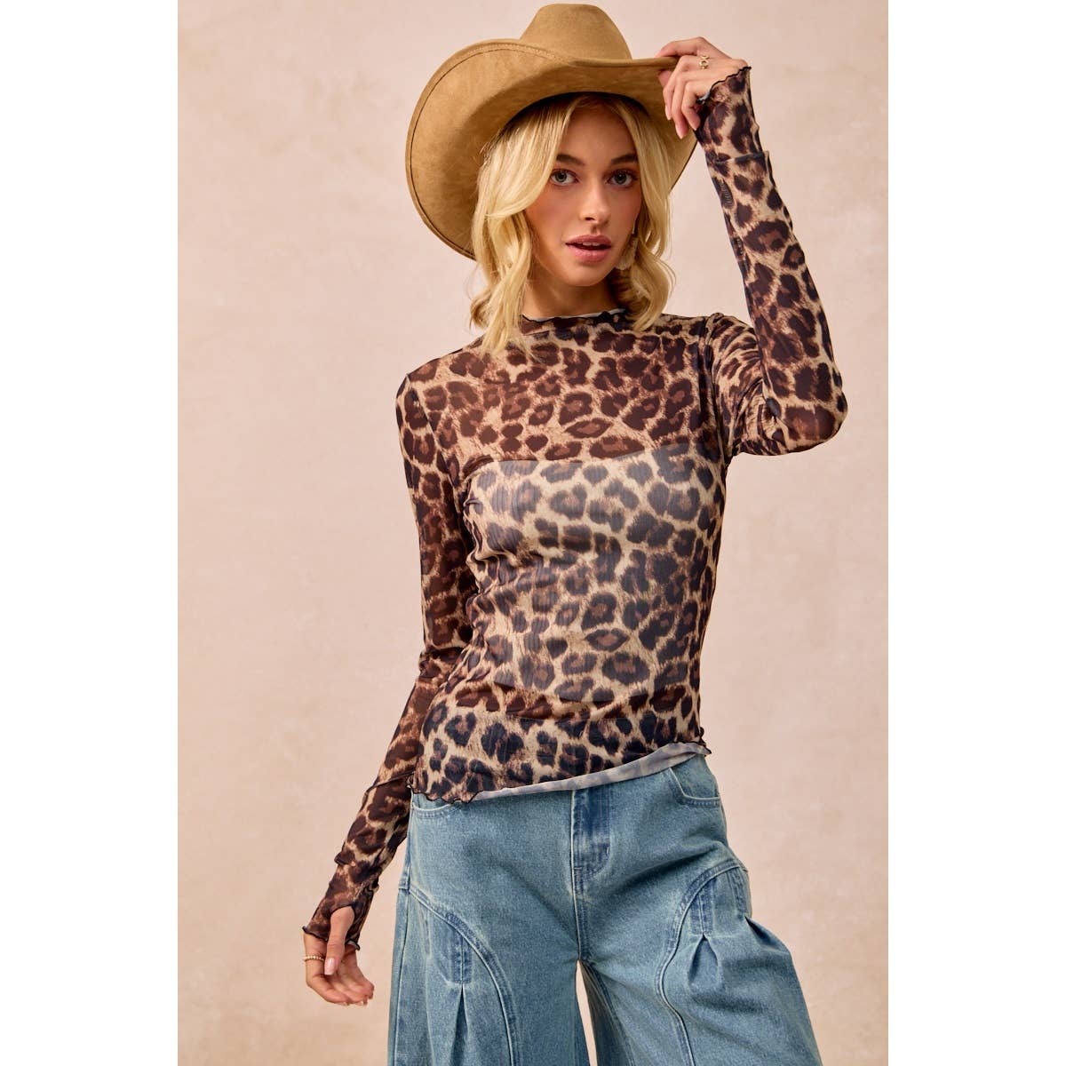 AUG SHIP MESH LEOPARD PRINTED TOP WITH LONG SLEEVES: LEOPARD