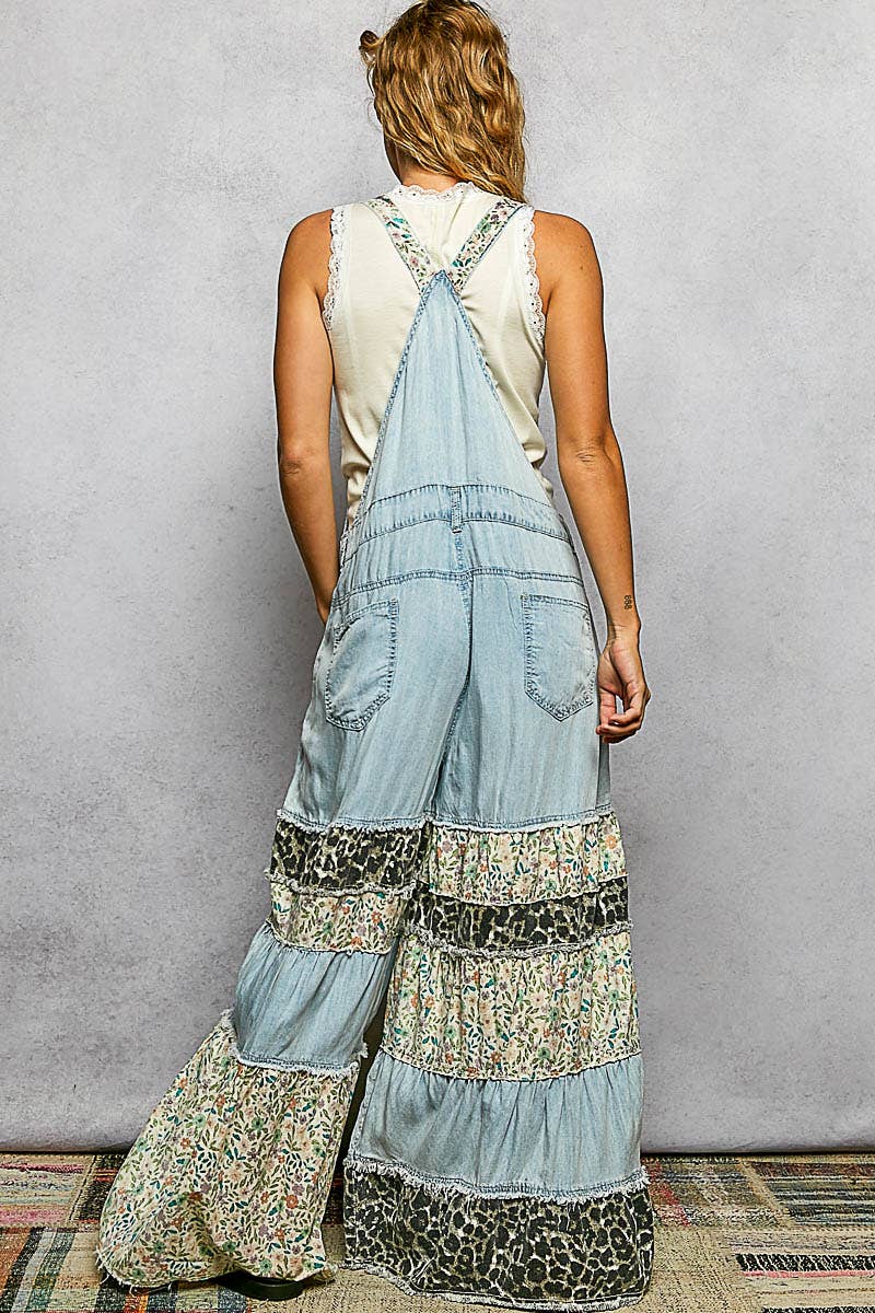 PREORDER - SHIP MID MAY POL Feminine Mixed Printed Fabric Ruffle Wide Leg Overall