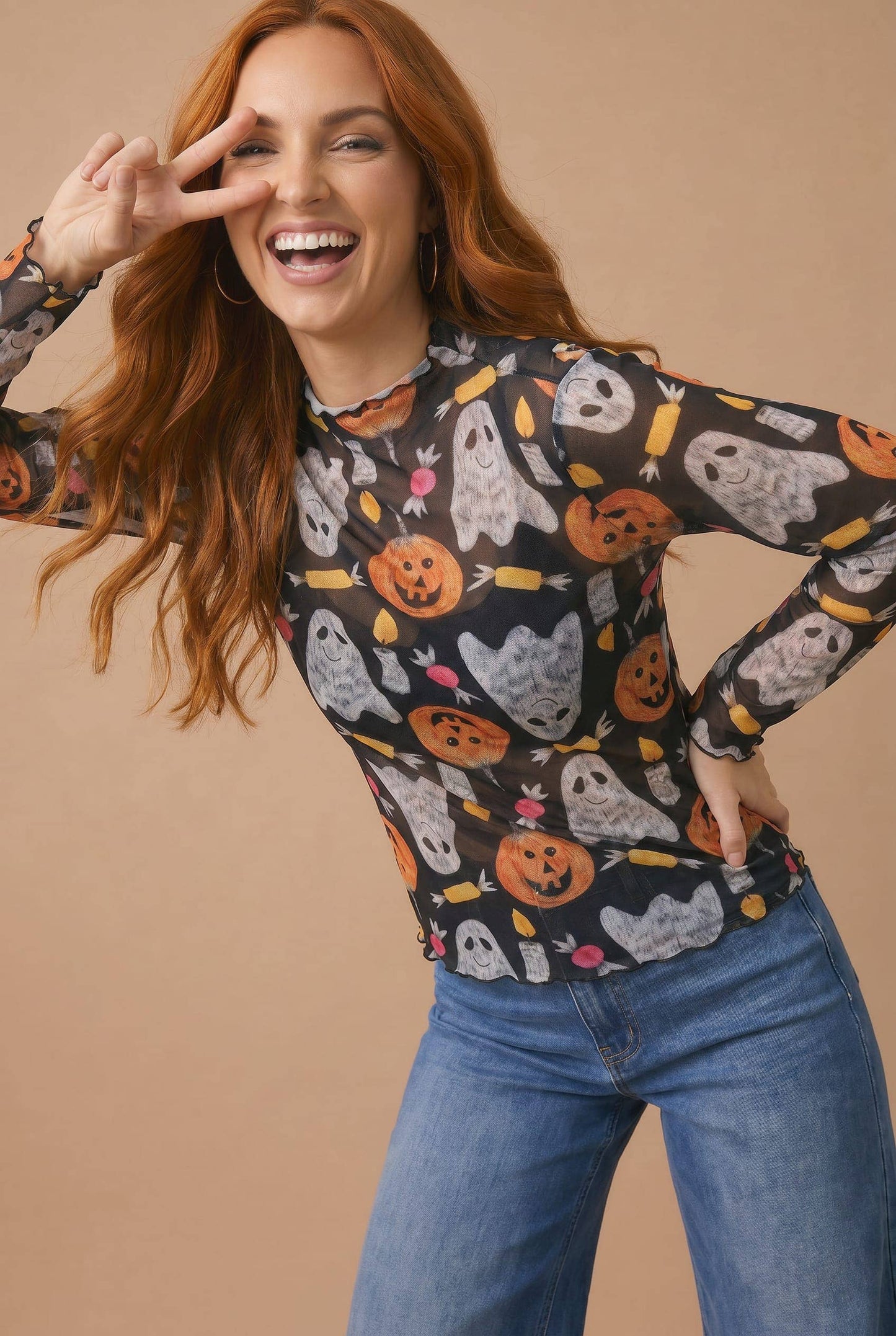 High Neck Pumpkin Ghost Merrow Hem Mesh Top: BLACK / S