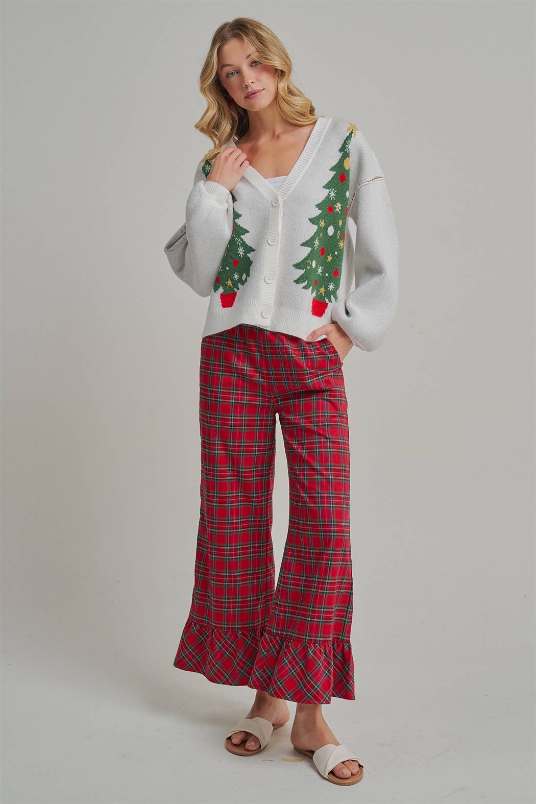 MAKE IT MERRY  CHRISTMAS PLAID CASUAL WIDE LEG