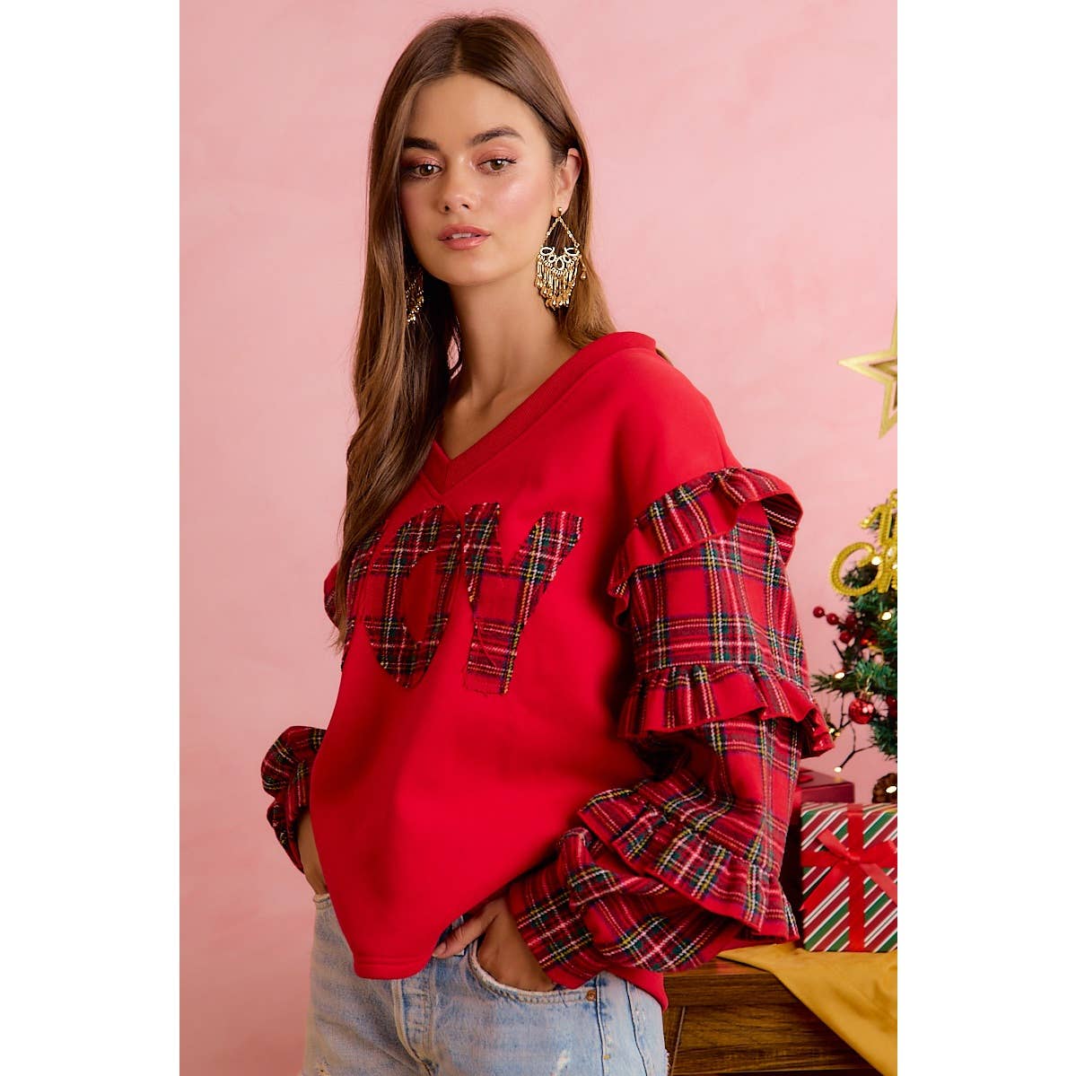 OCT SHIP JOYFUL HEARTS RUFFLED SLEEVE JOY PATCHWORK V NECK TOP