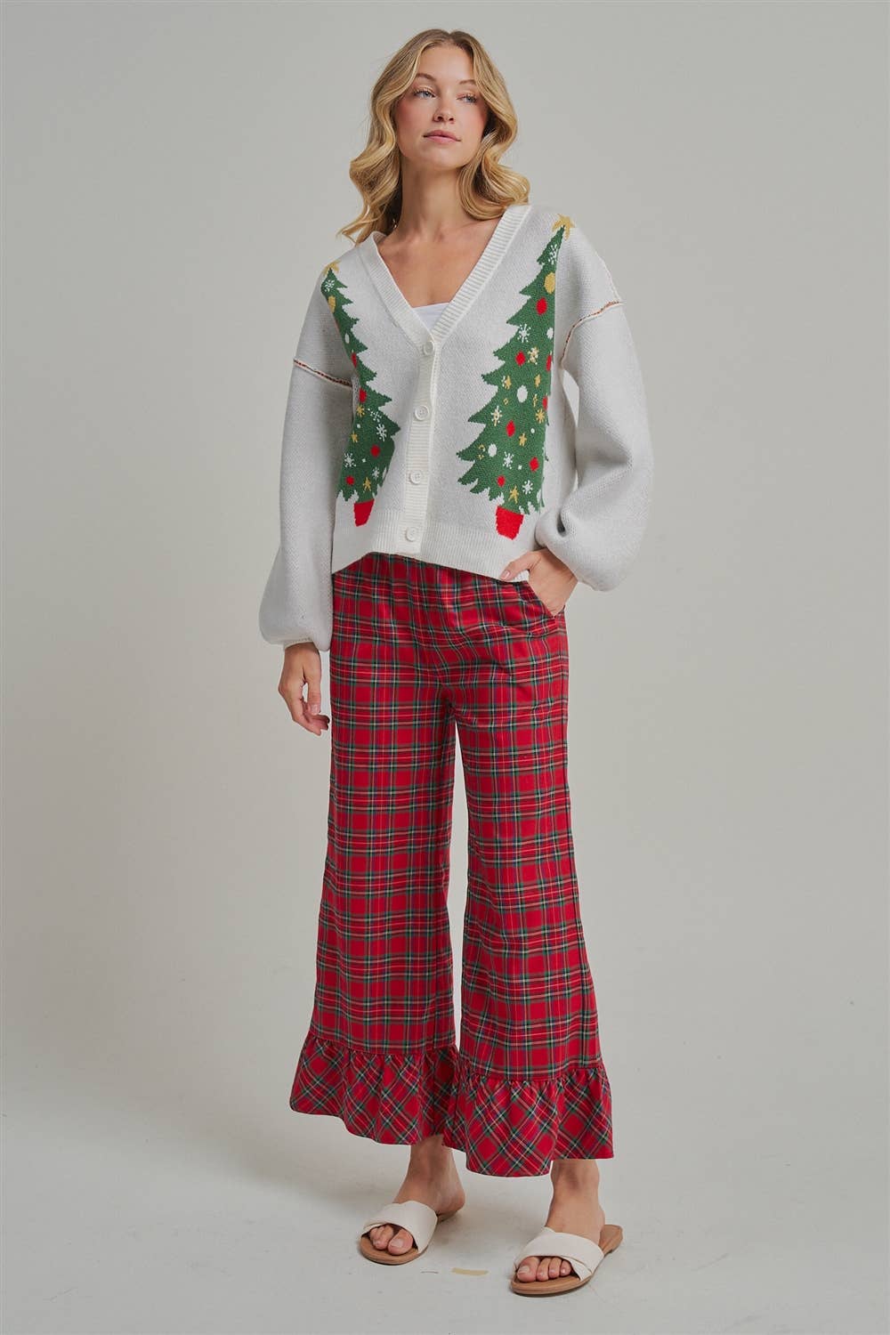 MAKE IT MERRY  CHRISTMAS PLAID CASUAL WIDE LEG