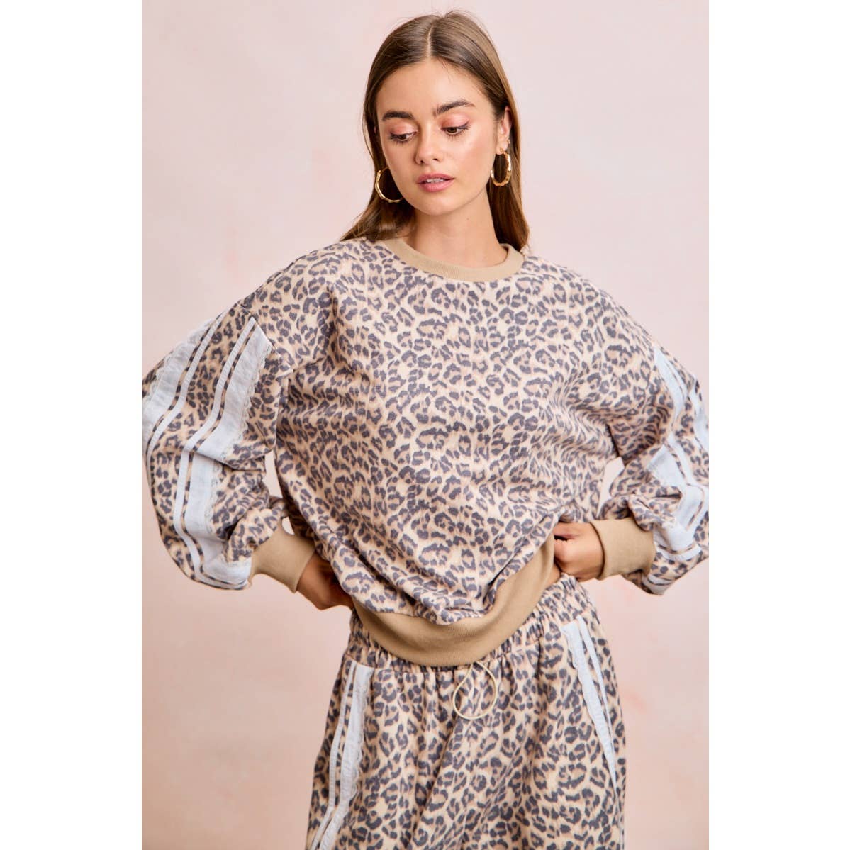 LEOPARD FRENCH TERRY LACE CONTRAST SWEATSHIRT TOP: LEOPARD