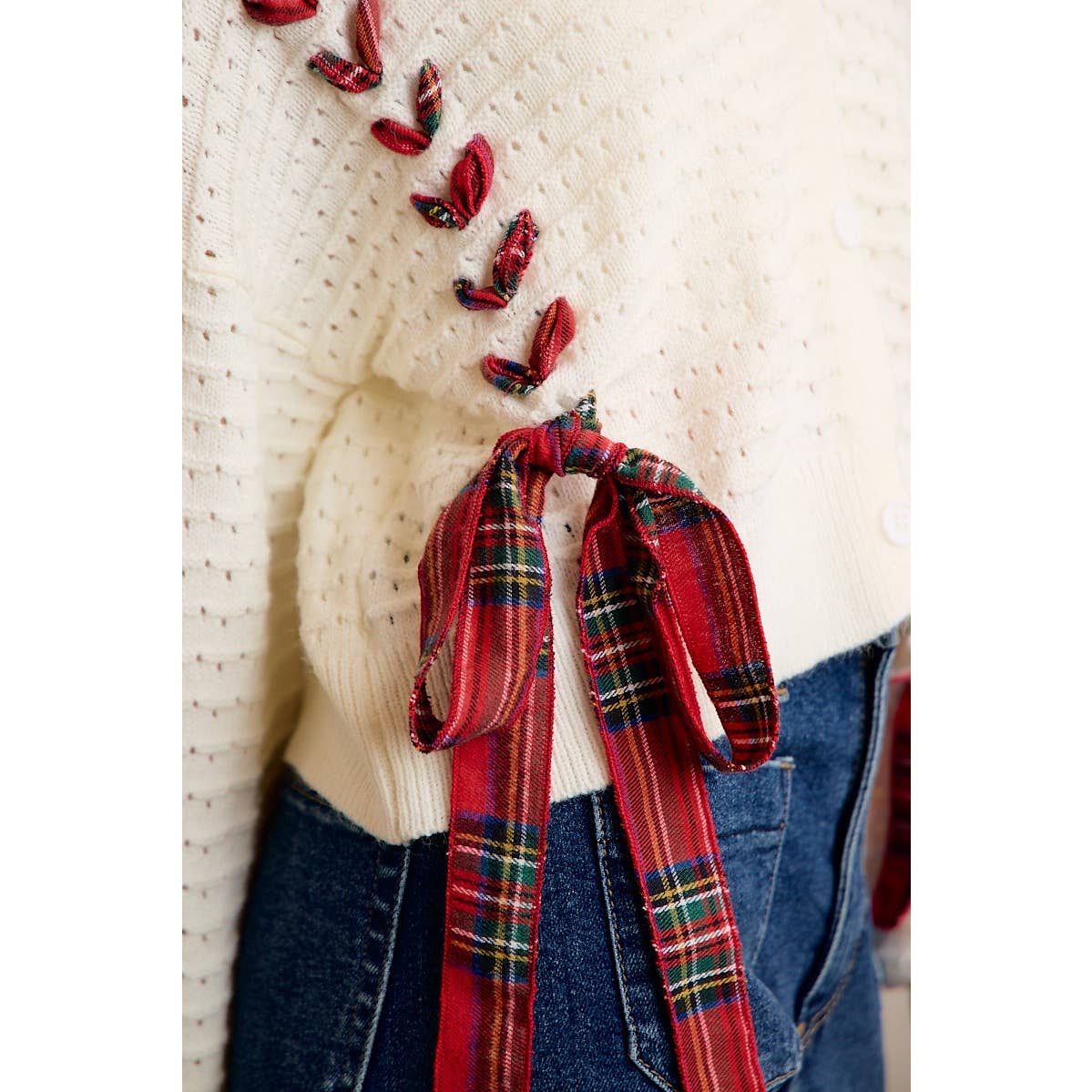 WRAPPED WITH A BOW CHRISTMAS CHECKERED PLAID TAPE LACE TEXTURE SWEATER CARDIGAN