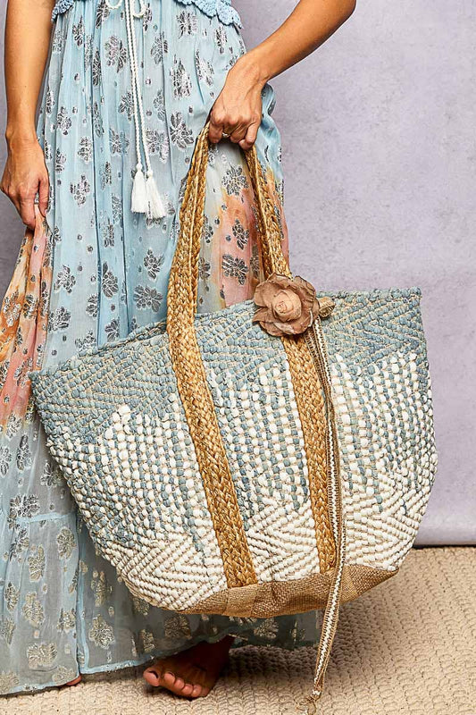 PREORDER JUNE SHIP POL - Denim Crochet Woven Tote Bag Boho Dotted Texture